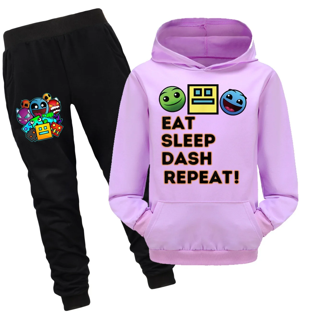 Newest Geometry Dash Clothes Set Kids Hooded Sweatshirts Jogging Pants 2pcs Suit Boys EAT SLEEP Tracksuit Toddler Girls Outfits