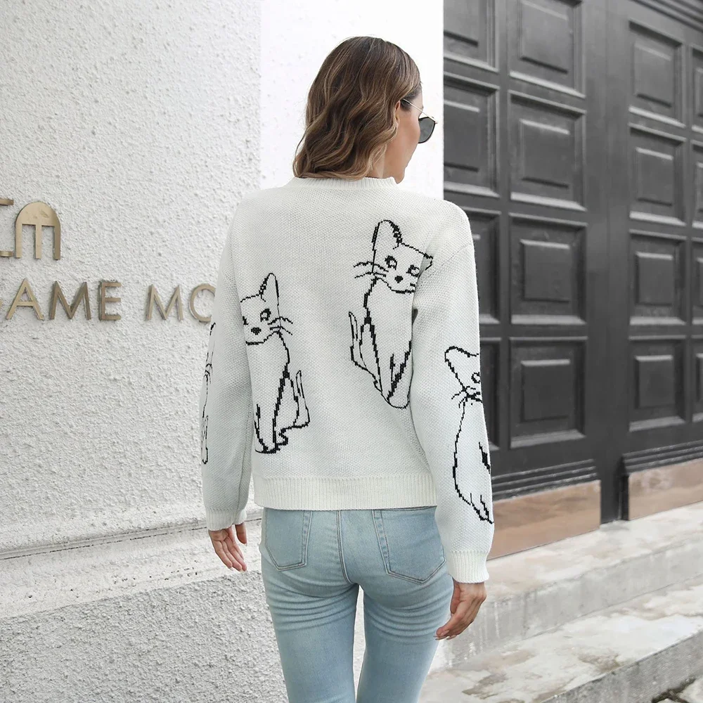 FDEY Women's Cat Print Sweater Pullover Round Neck Drop Shoulder Sweater Cartoon Printed Long Sleeve Top Casual