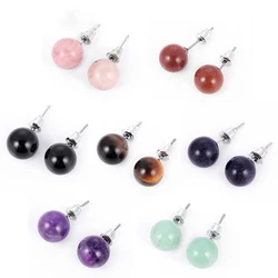 1pair Natural Stone Purple Pink Tiger Eye Round Ball Stud Earrings With Hypoallergenic Ear Pin For Woman Girls Earrings Jewelry