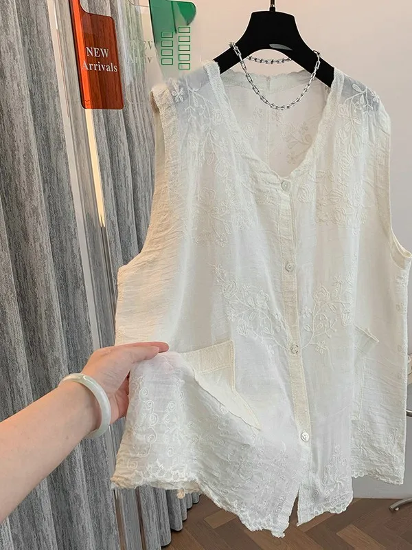 Retro cotone ricamato Casual V-Ne dimagrante irt Estate 2025 New Sle Double ket Svel Top Faion da donna