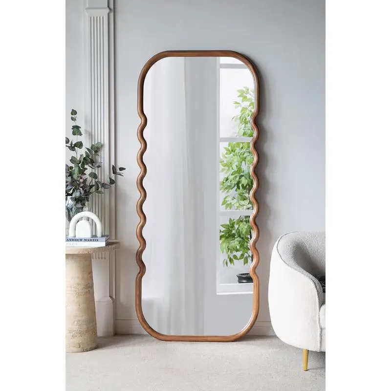 

Oversized Wooden Floor Mirror with Unique Brown Frame, 31.4" x 1.4" x 74", Stylish Design for Home Decor, Full-Length