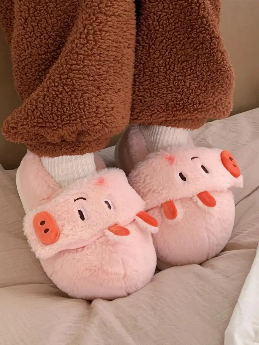 Ins Pink And Tender Pig Cotton Slippers For Women indoor household Anti Slip Heel Cute Winter Home Slippers