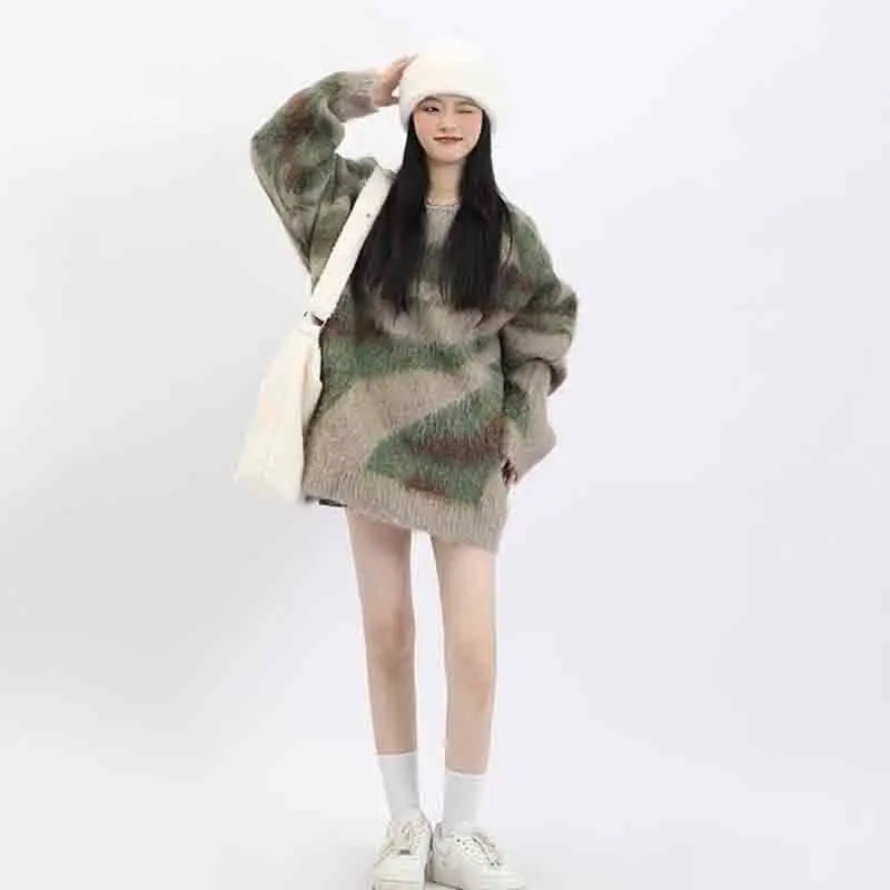 Streetwear Fashion Women Mohair Sweater Autumn Winter New Oversized Contrasting Colors Casual Long Sleeve Irregular Knitted Top