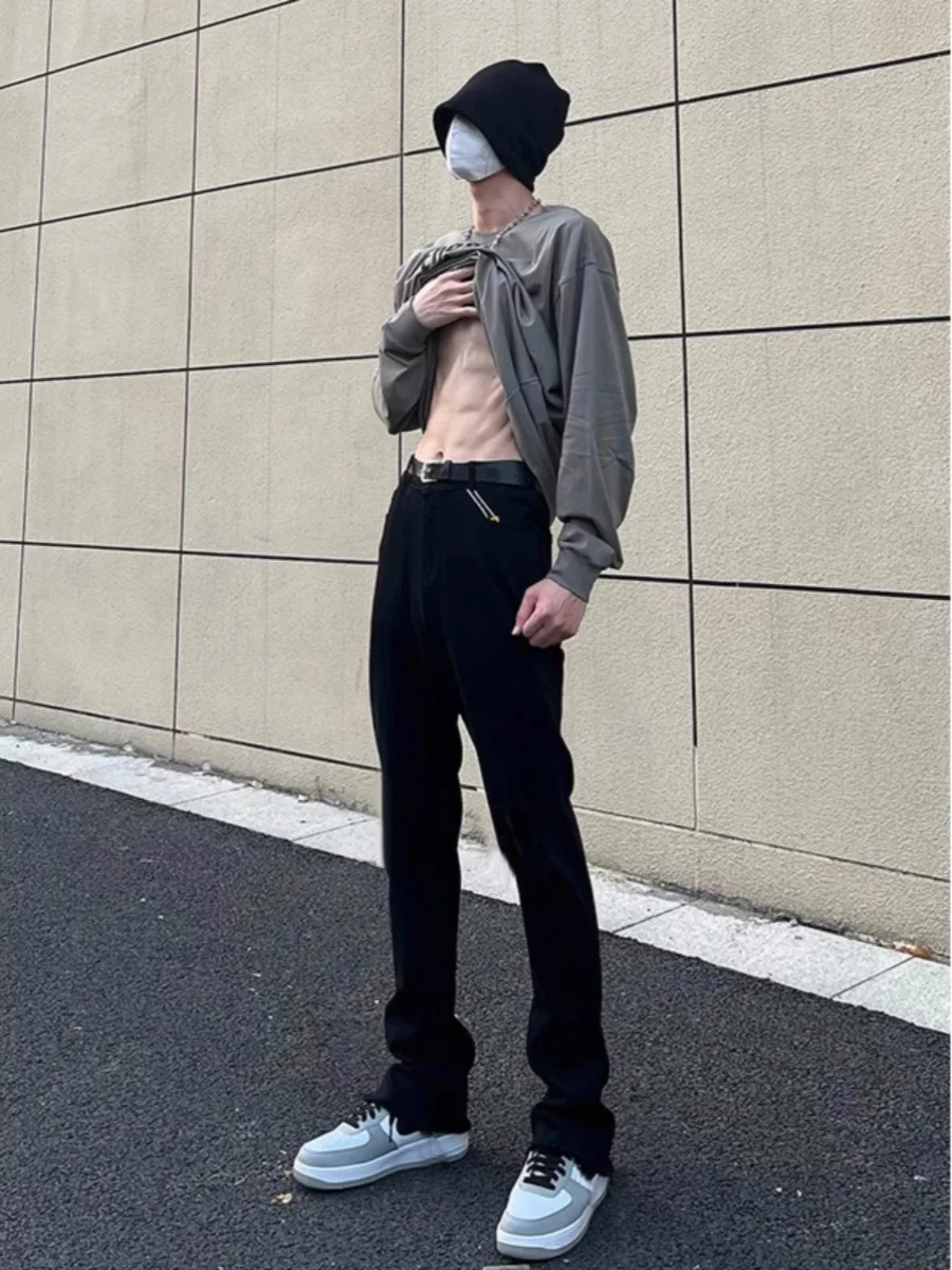 

Slim Fit Straight Leg Black Denim Jeans Men's American High Street CleanFit Pants Trendy Slimming Straight Micro Flared Pants
