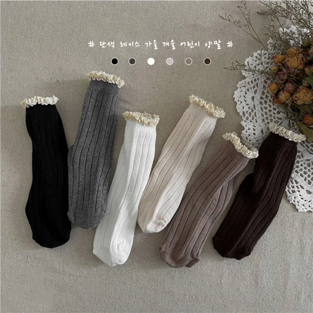 3-12Y جوارب بتمشيط 2025 الأطفال الجوارب الفتيات الطفل القطن كشكش تقليم طاقم الجوارب القطن سلس الأميرة نمط منتصف العجل الجوارب
