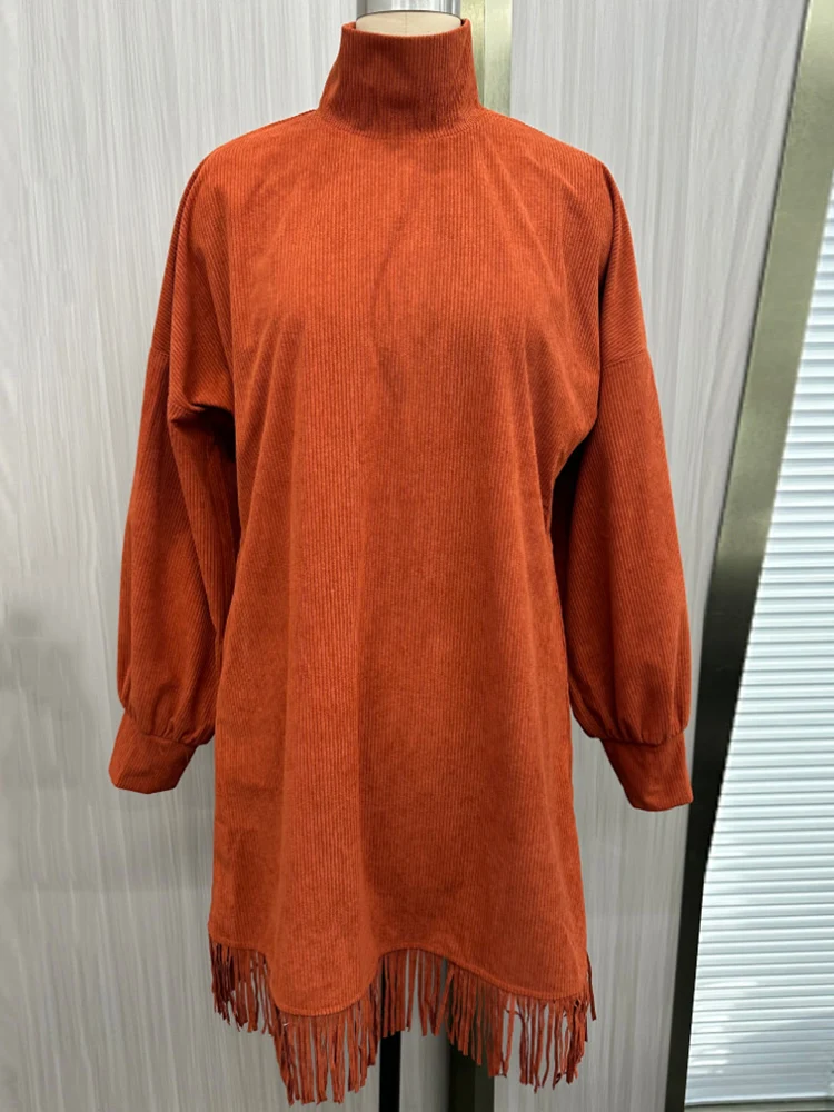 المرأة خمر سروال قصير شرابة فستان قصير غير رسمي الصلبة طاقم الرقبة طويلة الأكمام فضفاضة مزاجه فستان موضة فساتين قصيرة الإناث