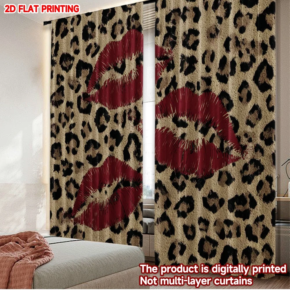 2pcs Leopard Lips Curtains  Digital Printing, Bold Animal Print with Red Lips on Yellow Brown Background for Modern Living Room