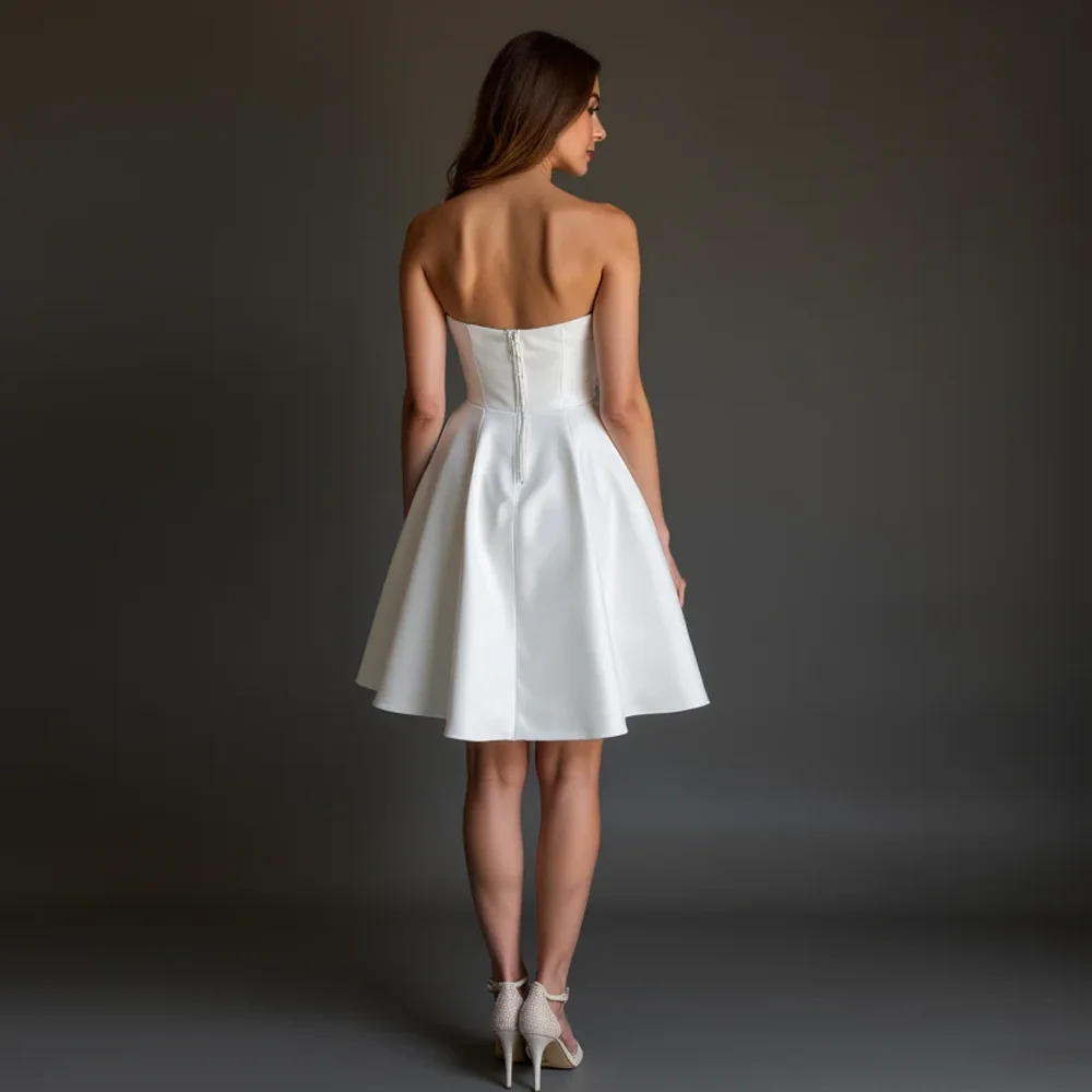 Simple Strapless Wedding Dress Above Knee Length Bride Gowns Customized A Line Zipper Back Mini Satin Lovely Vestidos De Novia