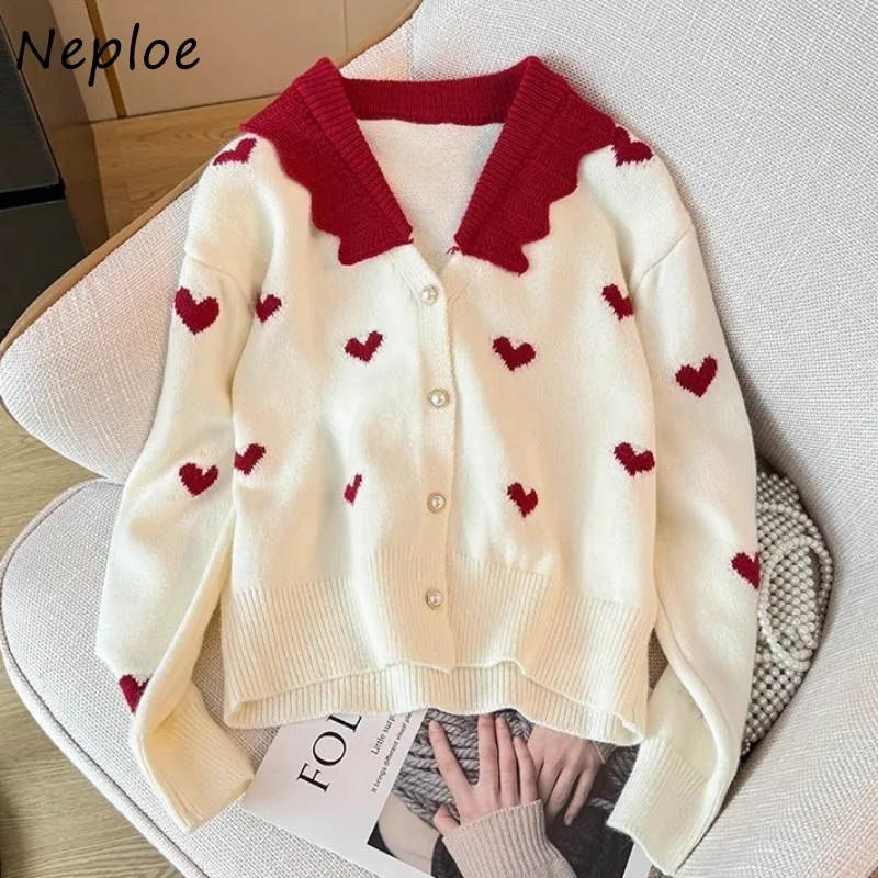 Neploe New Year Red V-neck Heart Sweater Mujer Spring New Lapel Neck Knitted Cardigan Y2k Long Sleeve Loose Tops Women