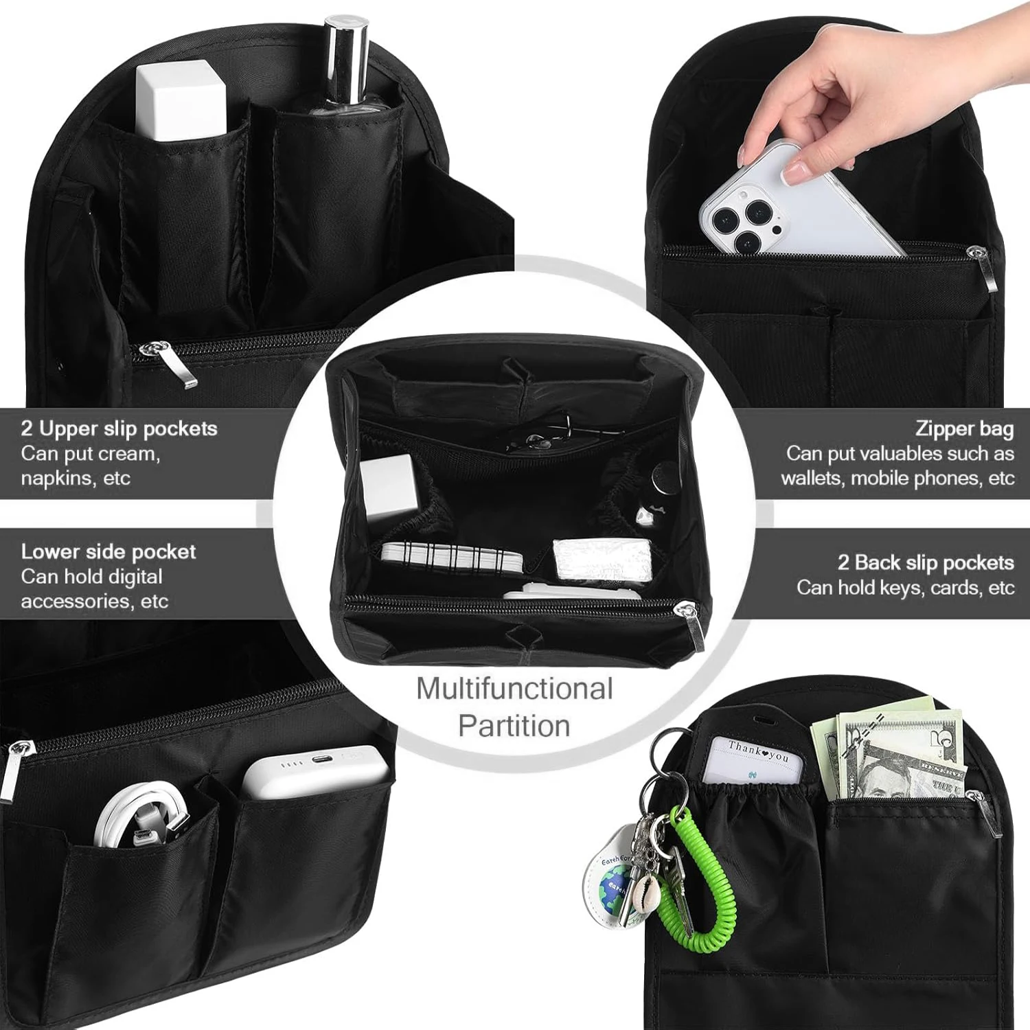 إدراج منظم حقيبة الظهر، أسود، 7.9 بوصة طول × 4.8 بوصة عرض × 11 بوصة ارتفاع، نايلون مقاوم للماء، يناسب حقائب الظهر الصغيرة #5