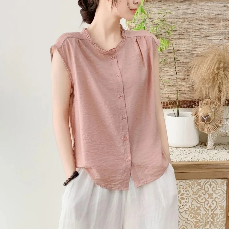 Women Ruffle Round Neck Sleeveless Button Down Loose Casual Blouse