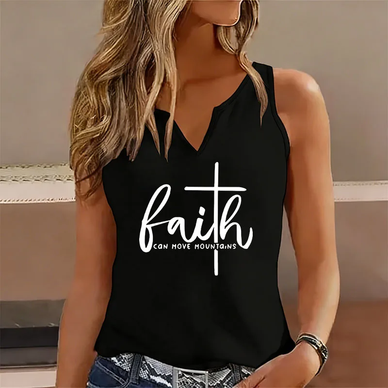 Camiseta sin mangas con estampado de letras 'Faith Can Move Mountains', camiseta sin mangas con cuello en V, camisetas de manga corta para mujer, camiseta con cuello en V