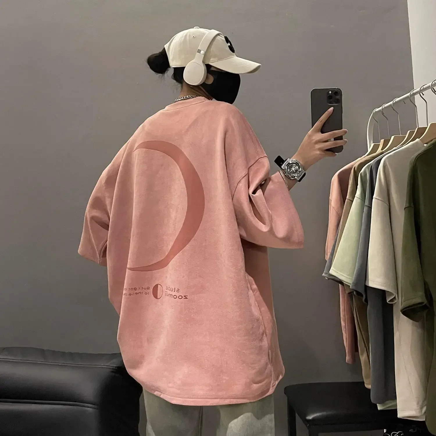 Fashion korean personalized Printed Women Suede T shirt Winter Vintage Warm Y2K Street Hip Hop Couple Simple Oversized T shirts