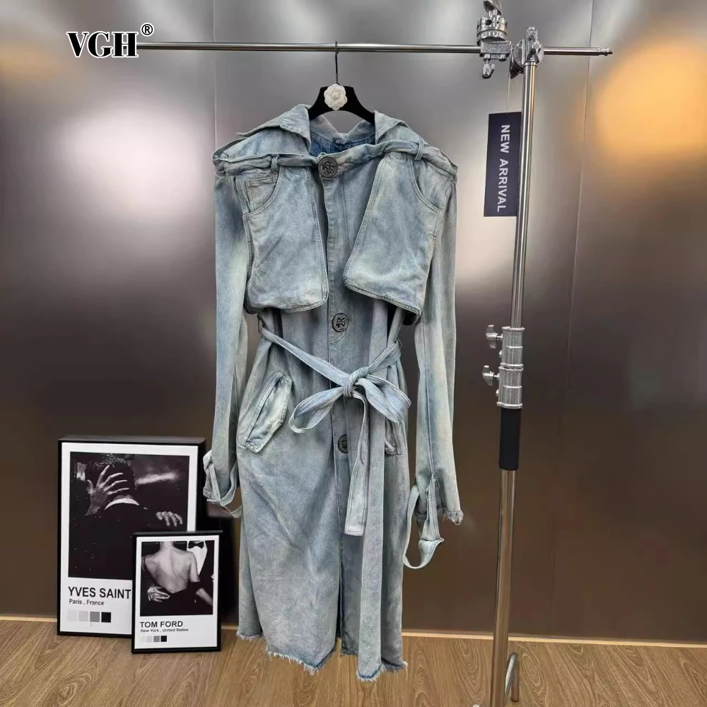 

VGH Fashionable Patchwork Bandage Windbreaker for Women Lapel Long Sleeve Slimming Temperament Denim Jacket Female Autumn Style