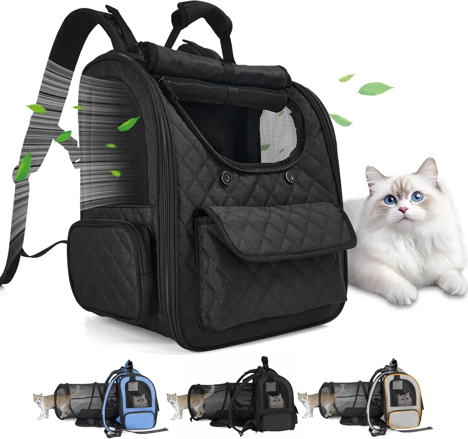 

Расширяемый рюкзак-переноска для кошек для больших кошек и маленьких собак, складная переноска для путешествий и походов, переноска для домашних животных до 15 фунтов (черный)