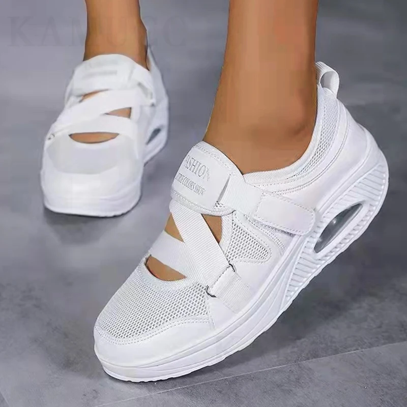 2023 Cushion Platform Shoes Women Casual Shoes Ladies Sneakers Breathable Mesh Spring Summer Wedge Shoes Ankle Strap Flats