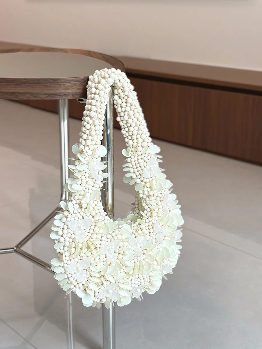 French Flower Beading Shoulder Bag Casual Fashion Retro Luxury Design Vacation Style Women's Handbag Sequins Woven Wedding Bags