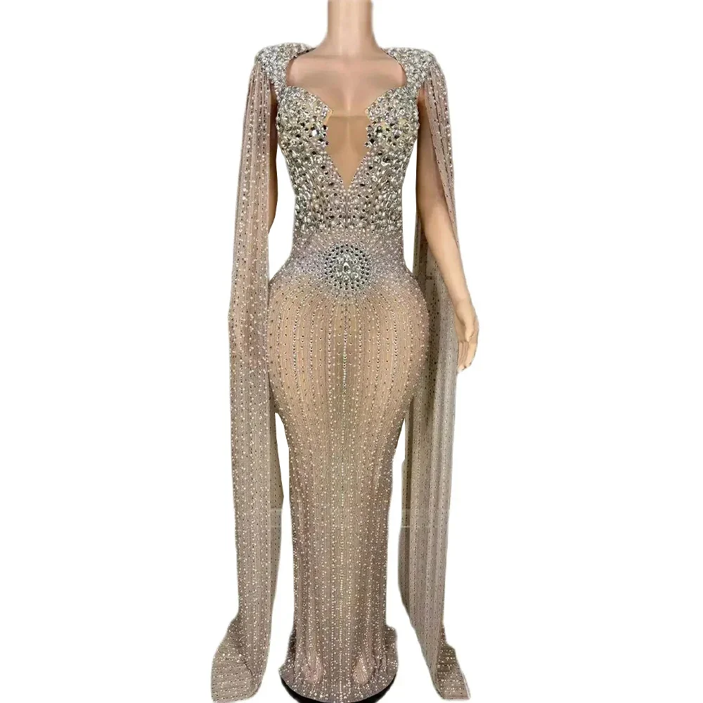 

Birthday Evening Party Performance Nightclub Singer Photoshoot Dress Sexy Luxury Rhinestone See Through Back Slit Sheath Dress