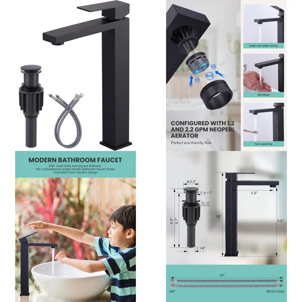 

Matte Black Single Handle Tall Bathroom Faucet with Pop-Up Drain and Supply Lines