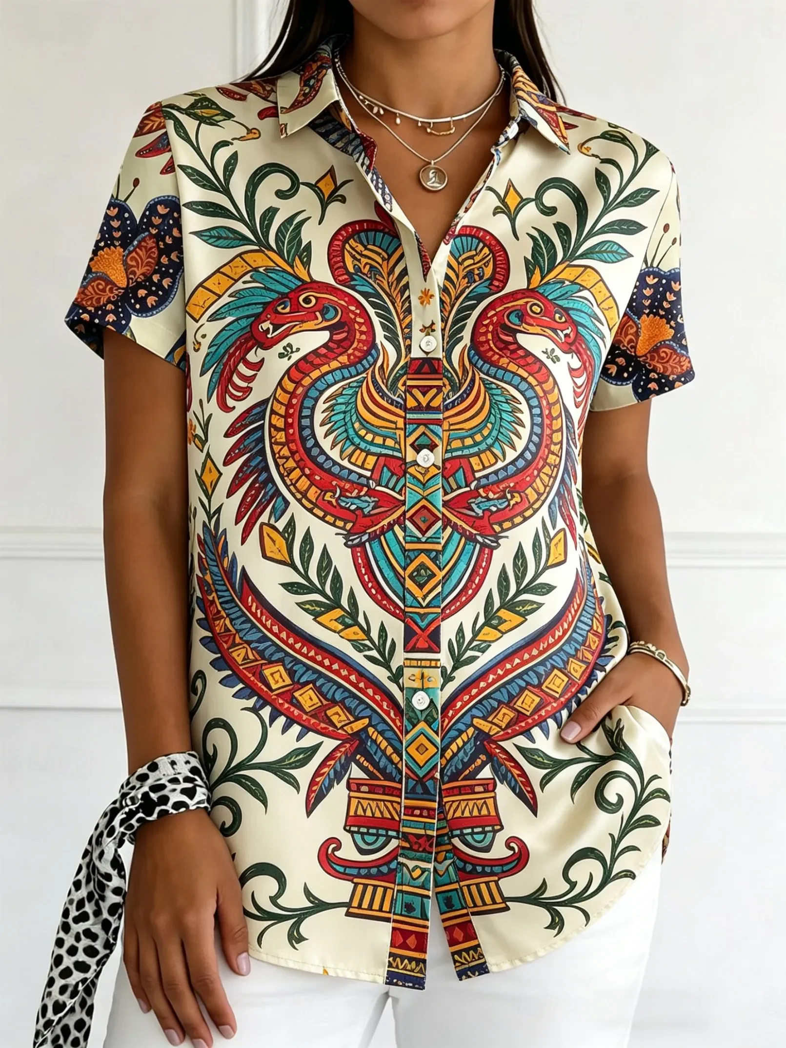 Women's Short Sleeve Lapel Blouses Tropical Print Button-Up Shirt Casual Tops for Spring Summer Daily Holiday Wear Ladies Shirts