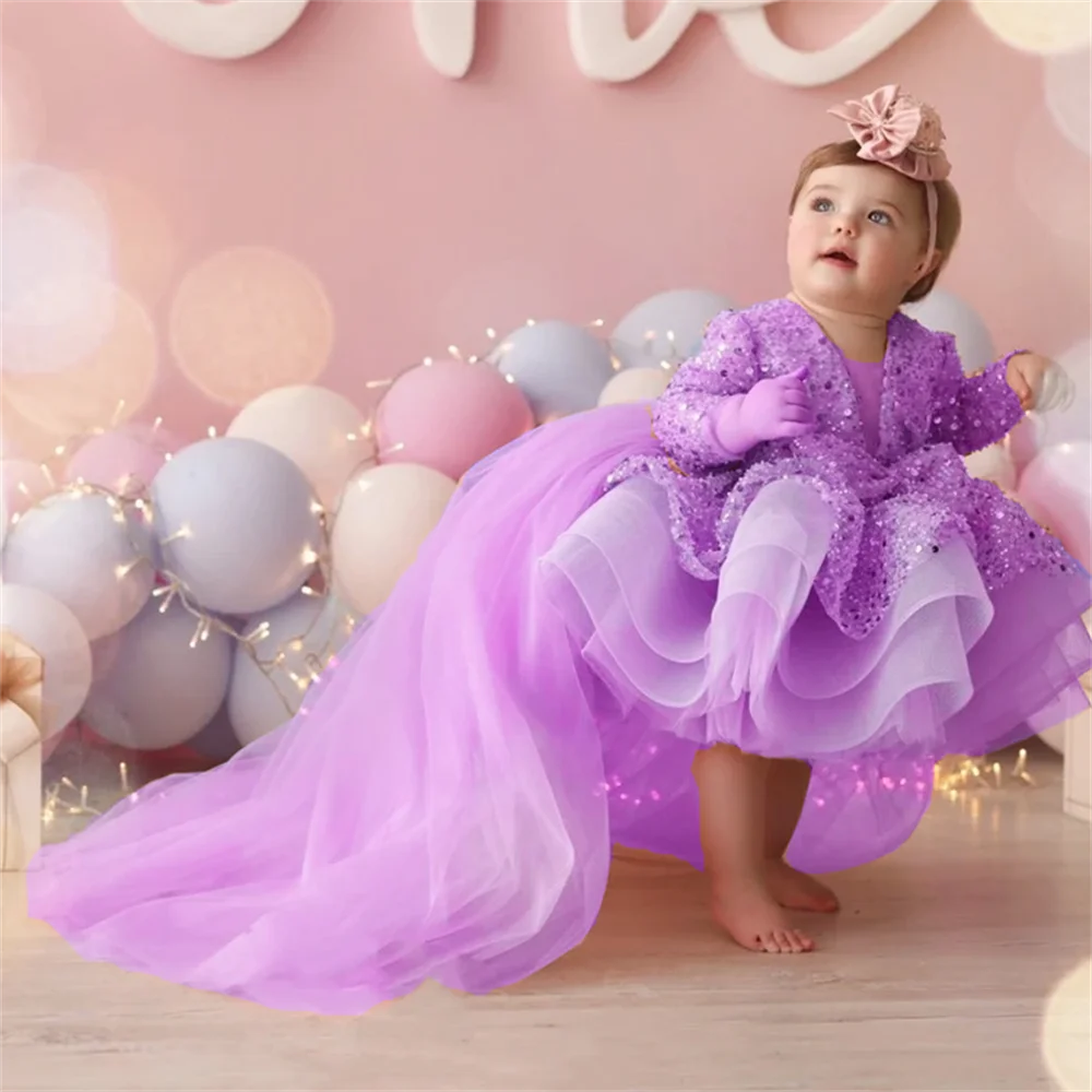 Roxo organza bonito vestidos da menina de flor glitter lantejoulas brilhantes inchado com arco ajuste festa casamento princesa vestidos baile