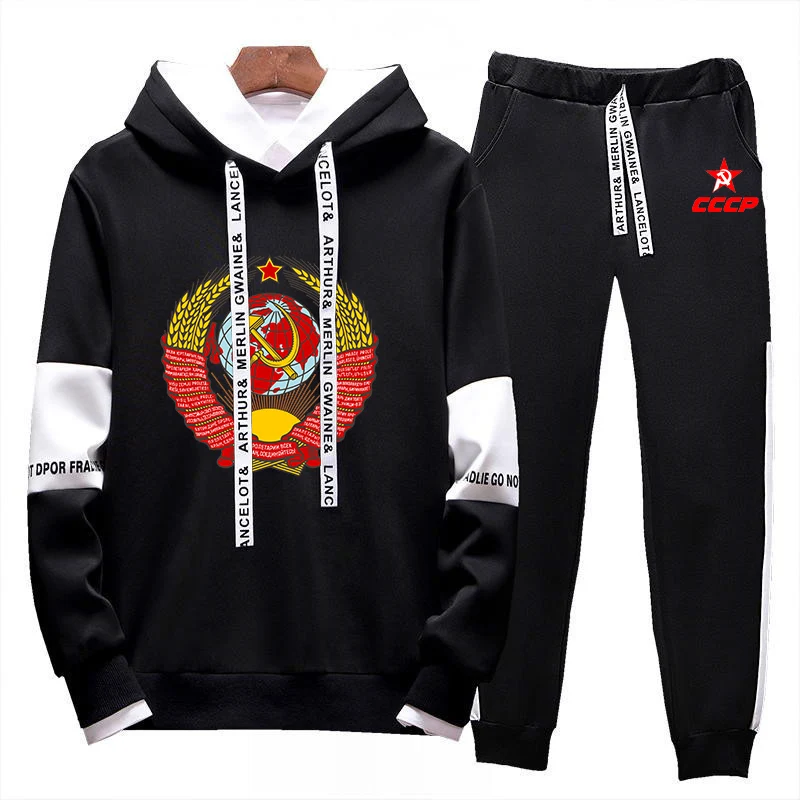 

2023 CCCP Russian Men's USSR Soviet Union New Tracksuit Hoodies Pullover Tops+Sweatpants 2 Piece Sets Jogger Streetwear Clothes