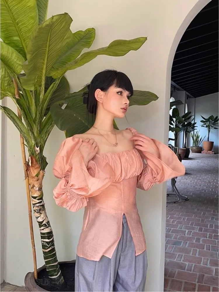 

French Retro Pleated Shirt For Women'S Haute Couture Pink Off The Shoulder And Waist Collection Chic Small Top