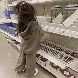 Girls Set 2024 Autumn Winter Casual Sweater Versatile Hooded Knitted Jacket Pants Two-piece Set Korean Version
