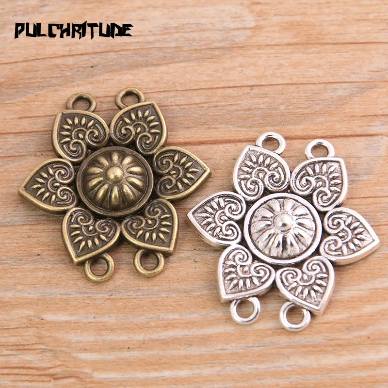 PULCHRITUDE 6pcs 33*35mm New Product Two Color Zinc Alloy Retro Flower Porous Connectors Jewelry Making DIY Handmade Craft