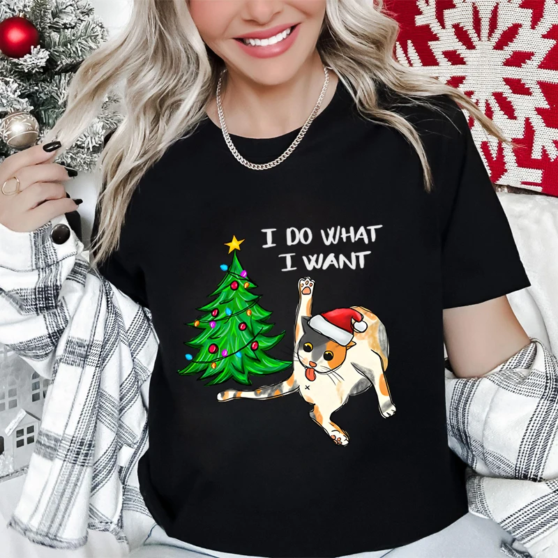 Camiseta divertida con estampado de gato negro, camisetas I Do What para mujer, camisetas de manga corta para fiesta de árbol de Navidad, camisetas femeninas con sombreros de Navidad