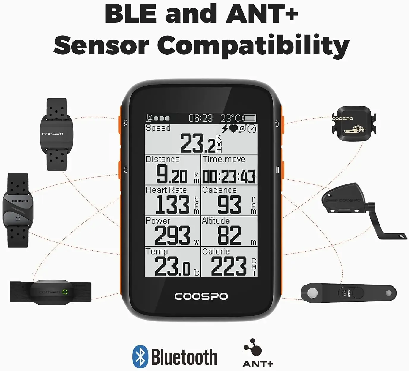 Bike Computer Wireless GPS, Bike Speedometer with Auto Backlight, Bluetooth ANT Cycling GPS Computer,Bicycle Computer BC2