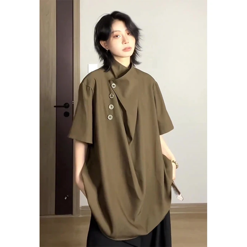 

Новый китайский Sle ort Sve Ice Silk irt, мужской летний асимметричный дизайн, элитная драпировка, свободная посадка, все сезоны