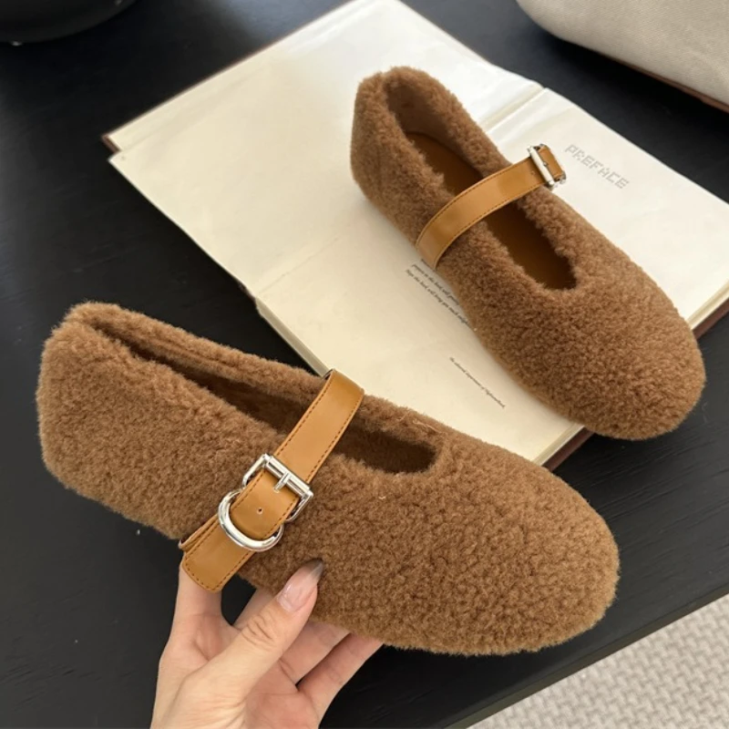 

Пушистые модные брендовые балетки, женская теплая неглубокая удобная осенняя обувь, женская элегантная женская обувь Мэри Джейн с пряжкой на ремне