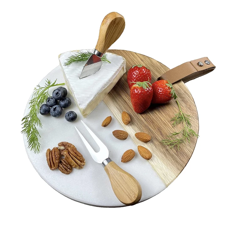 Bandeja de suministro redonda grande de 10 pulgadas y juego de cuchillos para cortar queso de madera, juego de parrilla de mármol y madera