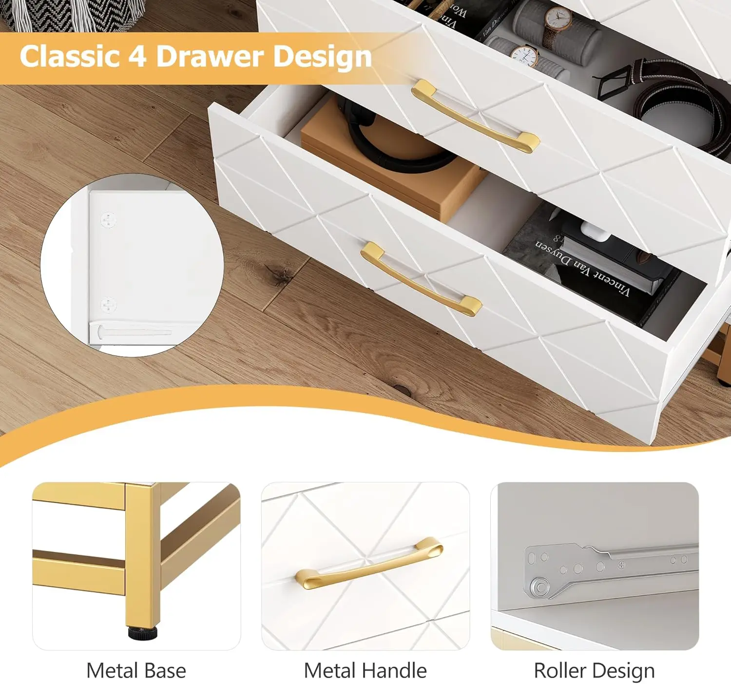 Commode moderne pour chambre à coucher avec 4 MEL, commodes en bois, commodes blanches