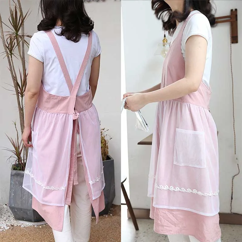 Korean Style Women's Cotton Lace Dress Kitchen Apron With Pockets Cross-Back Beauty Aprons Smock for Cooking Crafting Gardening