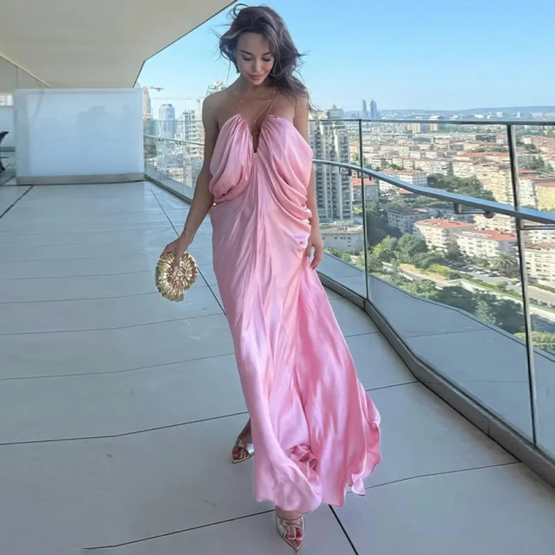 

Fmxires Elegant Irregular Spaghetti Strap Dress For Women V Neck Sexy Backless Long Dress Loose Party Female Clothes Autumn New