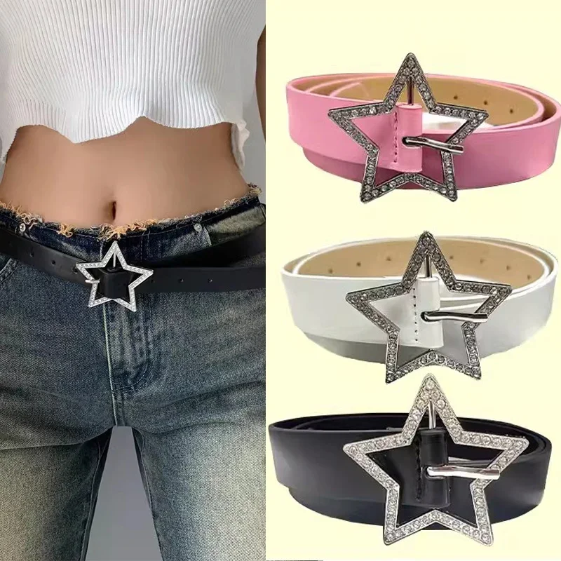 Kawaii Pink Y2k Star Belt for Women Jeans Buckle Adjustable Black Gothic Cute PU Leather Belts Korean Fashion Y2k Accessories