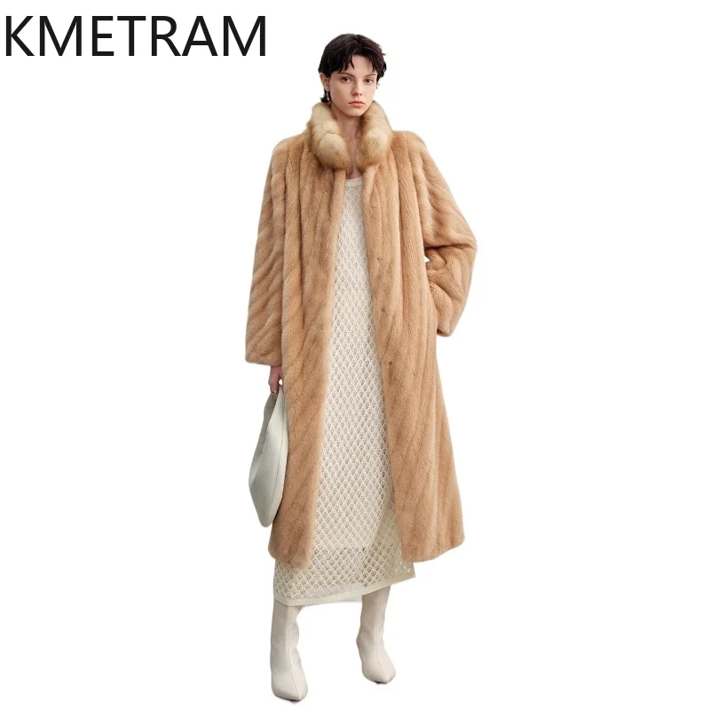 KMETRAM 100% Mink Fur Coat Woman Luxury Long Real Fur Jacket Detachable Sable Collar Winter Coats Women Clothing 2025 Fourrure