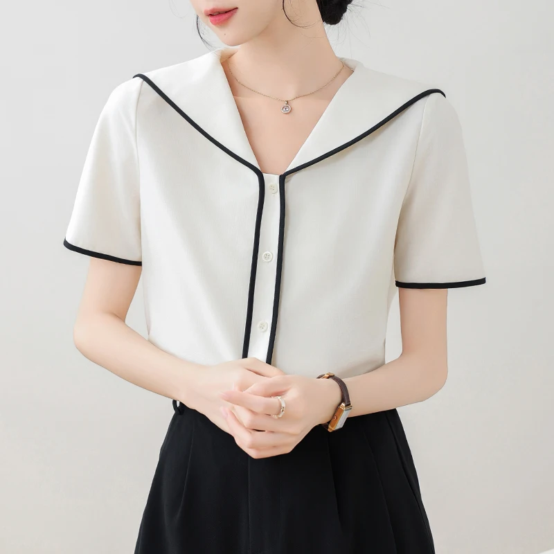 2024 Summer New Sailor Collar Shirts & Blouses Fashion Korean Satin Casual Blouse for Women Patchwork Elegant Office Lady Tops