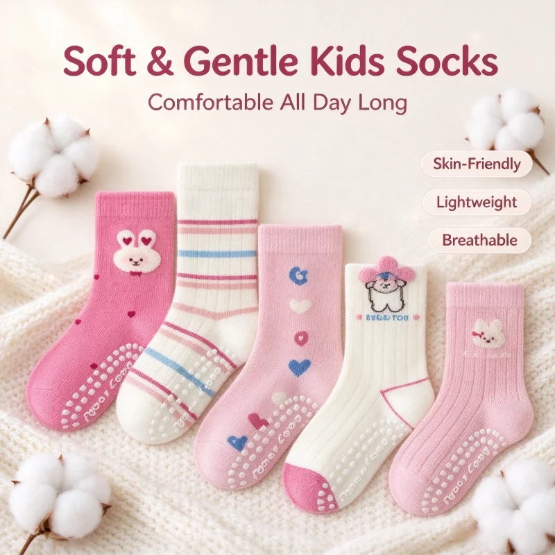5 Pairs Toddler Girls Non-Slip Soft Sole Floor Socks Cute 3D Rabbit & Floral Pattern Indoor Home Socks for Daily Use