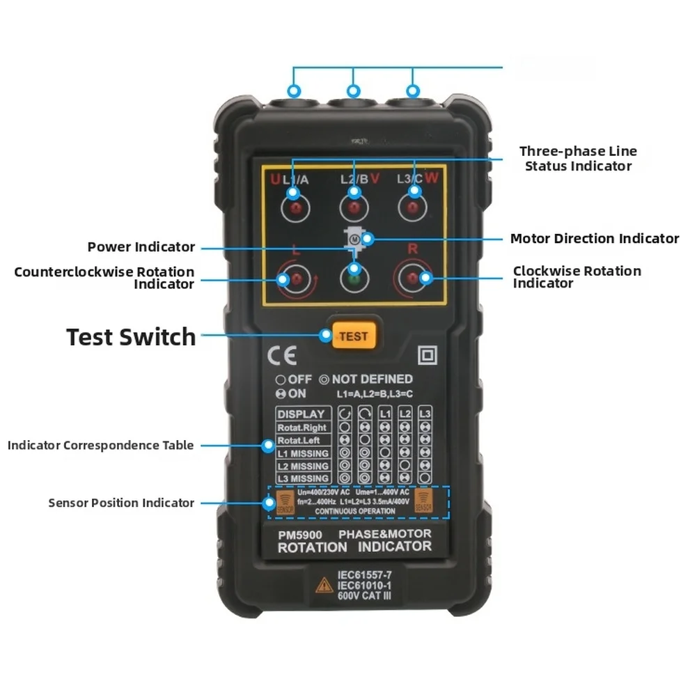 PEAKMETER PM5900 Phase Order Verification Device for 3 Phase AC Circuits 120V 400V with R L Rotation Identification