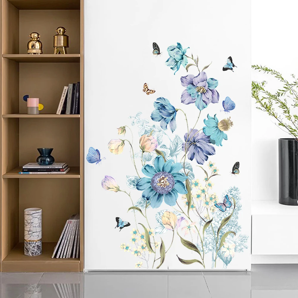 

Painted Blue Flowers Butterfly Bedroom Porch Bedside Home Wall Decoration Wall Stickers Self-adhesive Room Decoration Accessorie
