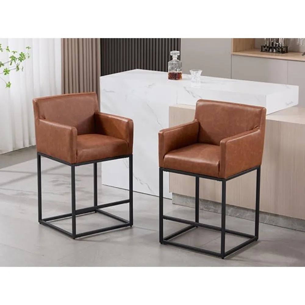 

Modern Counter Height Bar Stools Set of 2, Leather Upholstered Barstools with Back, 26 Inch Tall Bar Chair with Armrest for Kitc