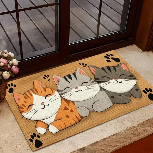 Kawai Door Mat Carpet Cute Lazy Three Cats Paw Print Pattern Non Slip Print Entryway Rug for Badroom Living Room Home Decoration