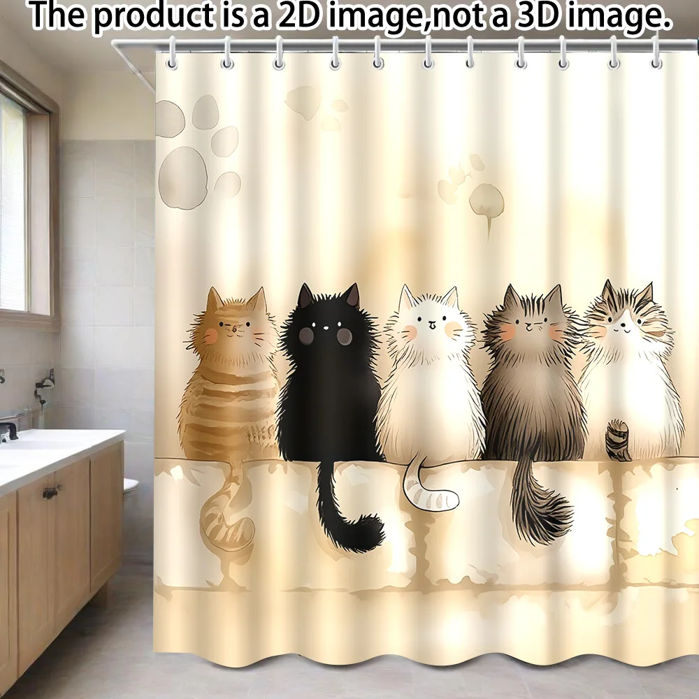 1 PC Shower Curtain with Five Furry Cats and Fun Paw Prints, Including 12 Hooks, 180 X 180 cm. Perfect for Bathroom Decor, En