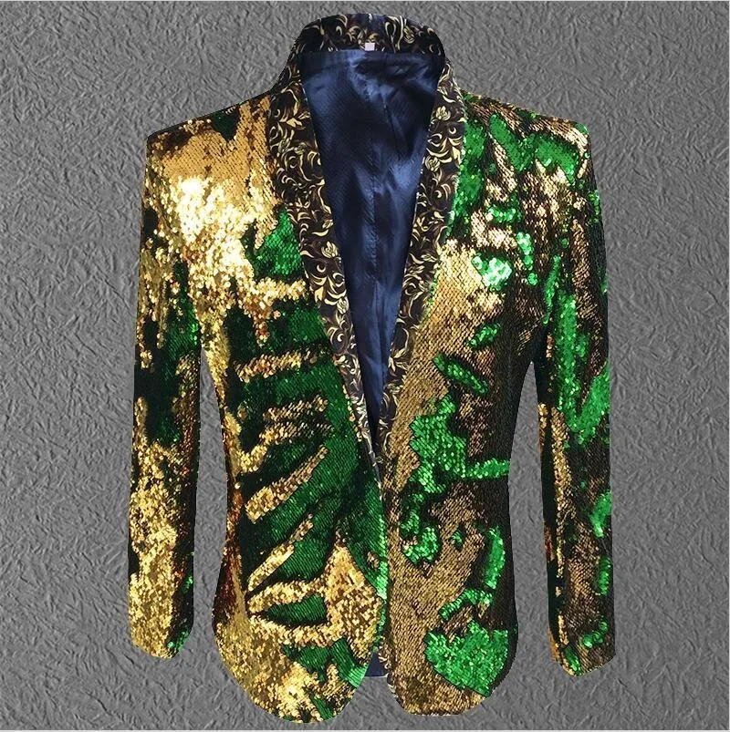 

Jacket Men Sequin Gold Green Blazer Men Suit Coat Male Costume Prom Wedding Groom Outfit Singer Black Party Stage