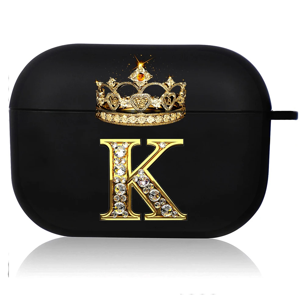 Diamond Crown Letter Airpods Case for AirPods Pro2 3 2 1 Pro Black Wireless Bluetooth Earphone Box Cute A-z Cover