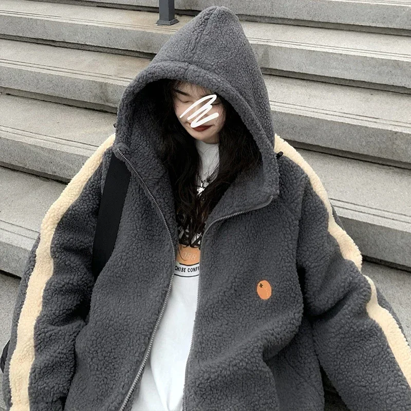 VIPOL Lamb Wool Plush Zip Up Hoodie Women Thick Warm Fleece Hooded Jackets 2023 Winter Korean Fashion Streetwear Ladies Overcoat