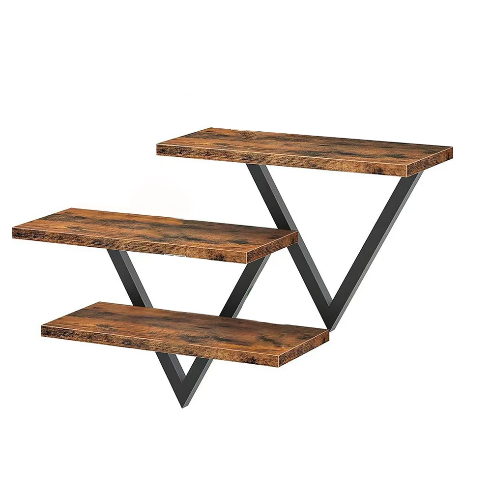 Wall Floating Shelves Set of 3 Rustic Brown Diamond Frame Design Engineered Wood Metal Shelves for Living Room Bedroom